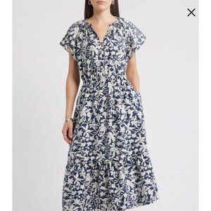 NAVY AND LIGHT TAN  TIERED CASALON MIDI FLORAL DRESS SIZE XL